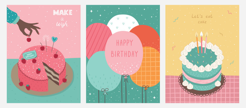 A collection of bright birthday cards. Hand drawn greeting cards. Vector illustration. Cake decoration, hand holding a cherry