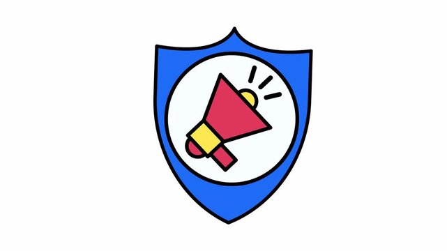 Blue shield with loudspeaker icon and sound waves, ideal for representing communication security, audio enhancement, or technology protection concepts.