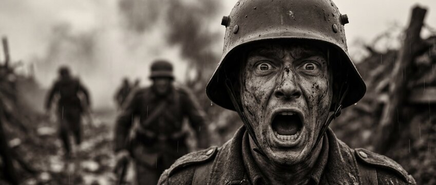 A soldier on the front line. An illustration on the theme of wars and tragedies, history, and humanity.