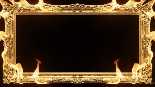 Ornate gold frame with leaf pattern on dark background loop, flames at corners