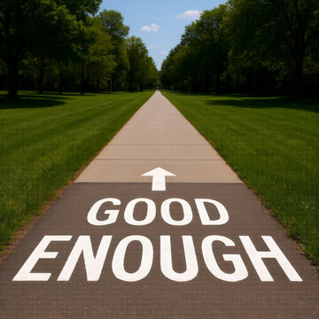 Clear path labeled good enough symbolizing adjusted expectations acceptance of mediocrity and normalized compromise within political governance