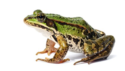 Obraz premium A green frog with black spots sits on a plain white surface