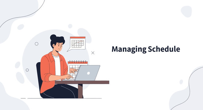 Woman managing schedule on laptop with calendars, business planning concept