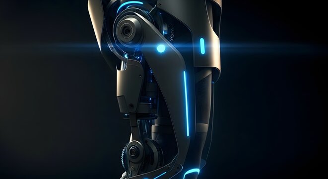 Futuristic robot leg with glowing blue lights, showcasing advanced technology and artificial intelligence