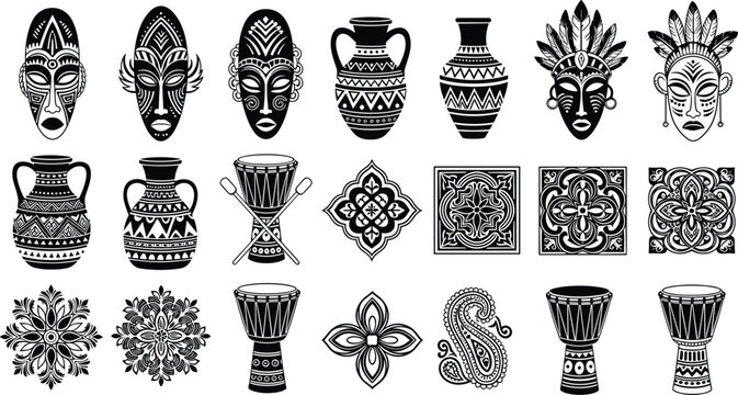 African tribal mask vector set with ornamental vases ethnic drums and geometric pattern tiles for cultural heritage traditional art and world travel branding projects.