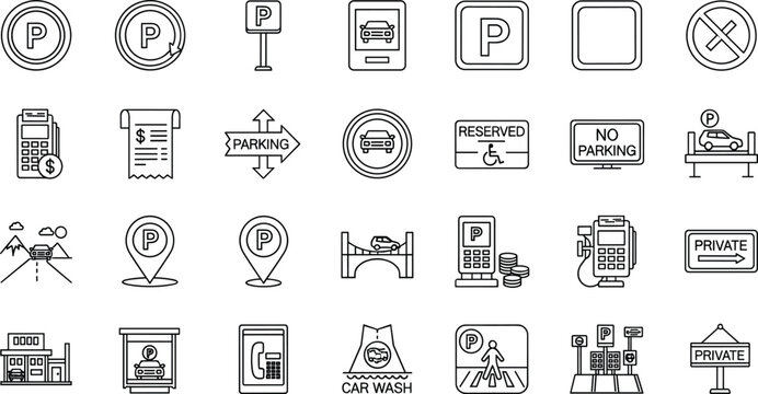 Comprehensive car parking icon set featuring silhouettes for reserved spaces no parking zones car wash services payment terminals and private garage facility symbols for navigation.