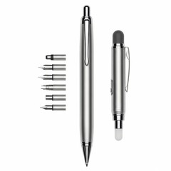 Fototapeta premium Silver Pen Set: Multi-functional Pen, Stylus, and Interchangeable Nibs, Isolated