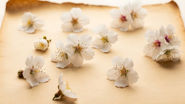 "Delicate white cherry blossoms scattered gracefully on a vintage aged parchment paper background, soft flat lay composition with some flowers gently falling, subtle pink centers, minimalist and elega
