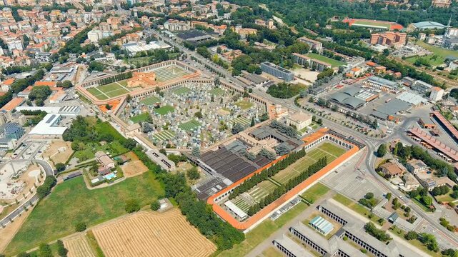 Parma, Italy. Cemetery Della Villetta (Cimitero della Villetta). Summer day. Drone footage, Point of interest