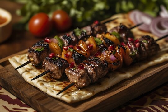 Vibrant grilled meat and vegetable skewers on flatbread with fresh garnish