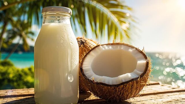 Fresh coconut milk in glass bottle on tropical beach background