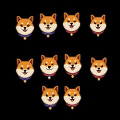 Fototapeta premium Pixel Art Shiba Inu Dog Faces with Collars, Cute Cartoon Emoticons on Black Background