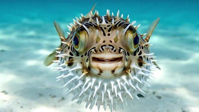 Spiny porcupinefish inflated in defensive posture underwater in a tropical coral reef
