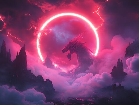 Nebula Dragon: Ethereal encounter with mythical beast beneath radiant ring