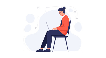 Fototapeta premium Young person working on laptop, sitting on chair, modern flat illustration