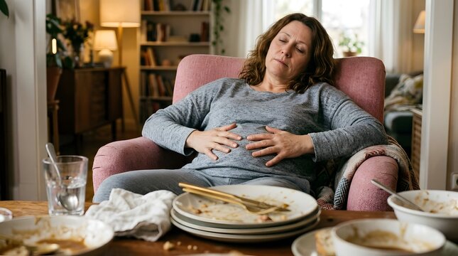 A woman with a full stomach and indigestion pain sits in an armchair after a large meal with many dirty dishes on the table.