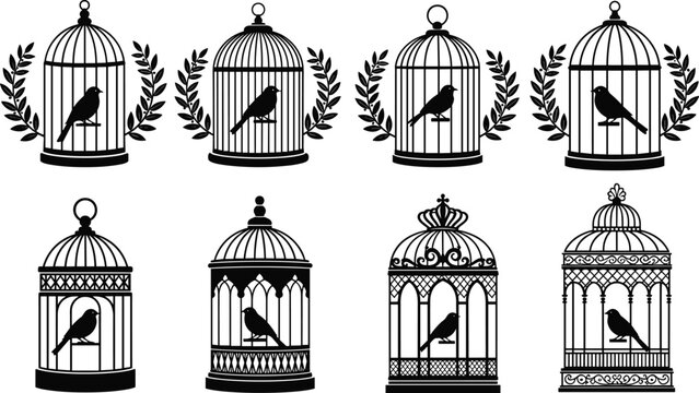 Set of black birdcage silhouettes with songbirds and laurel wreaths isolated on white background featuring vintage decorative wire cages for elegant wedding stationery designs.