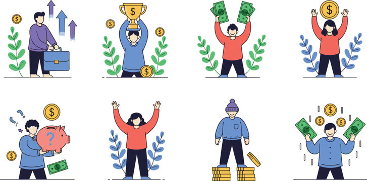 Flat vector illustration set of people celebrating financial success, saving money in piggy bank, holding gold trophy and cash.