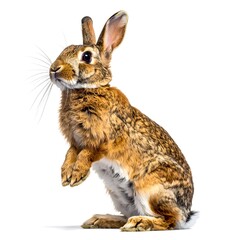 Obraz premium A brown rabbit sits on its hind legs, looking forward