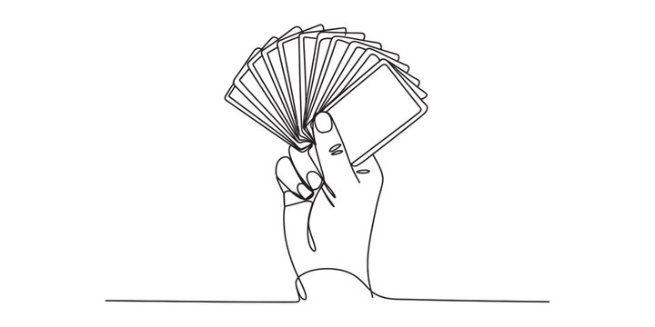 A single continuous line drawing of a human hand holding a fan of playing cards against background Vector, illustration