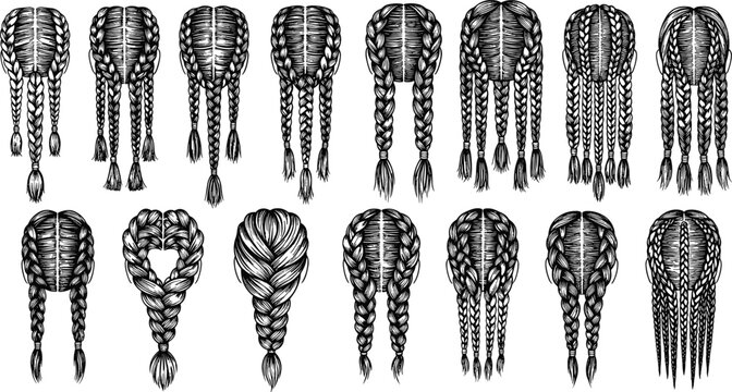 Set of hand drawn female braided hairstyles and pigtails icons in black ink sketch style isolated on white background for salon beauty logos.