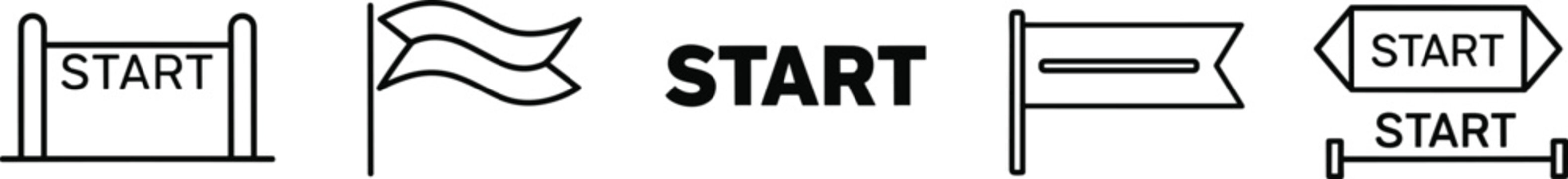 Minimalist black and white start line icon set featuring racing flags finish line banners and bold typography for sports competition marathon and business beginning.