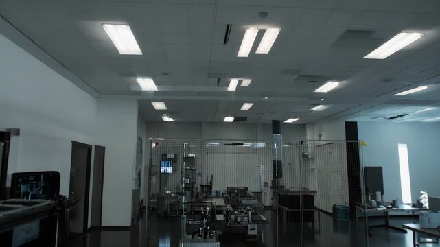 Modern cleanroom laboratory interior with specialized equipment and grid flooring, reflecting the advanced technology and precision required for scientific research and development