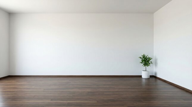 Spacious empty modern room with dark hardwood floors and white walls featuring a small green houseplant in a white ceramic pot in the corner under bright natural light for interior staging.