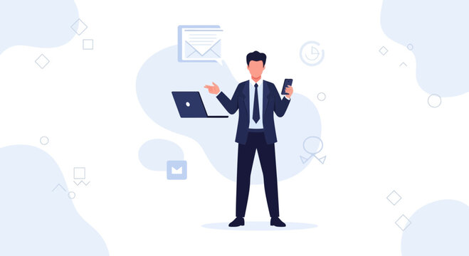 Businessman juggling laptop, phone, and email, symbolizing multitasking and productivity