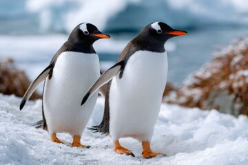 Fototapeta premium Gentoo penguins walking in snow in Antarctica