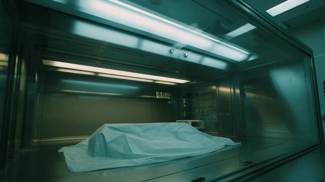 Human remains covered with a white sheet resting on a stainless steel table in a sterile, dark, and cold forensic laboratory, representing themes of death, science, and investigation