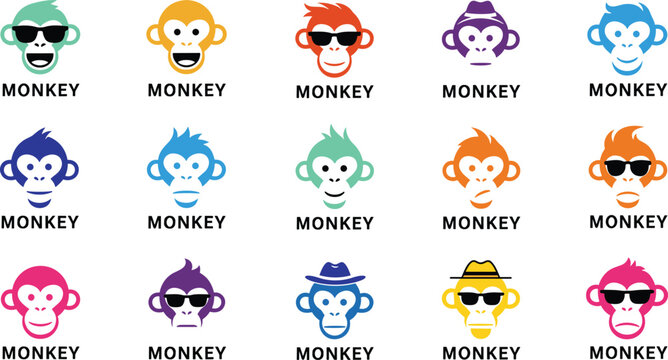 Set of colorful monkey face icons with different expressions wearing sunglasses and hats for creative logo and brand identity.