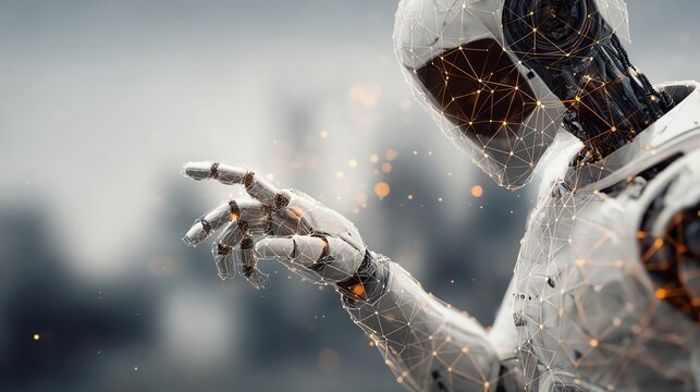 A futuristic robot with an intricate design reaching out, showcasing advanced machinery and technology