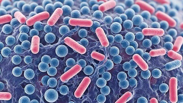 Microscopic View of Gut Microbiome Probiotics and Pathogenic Bacteria