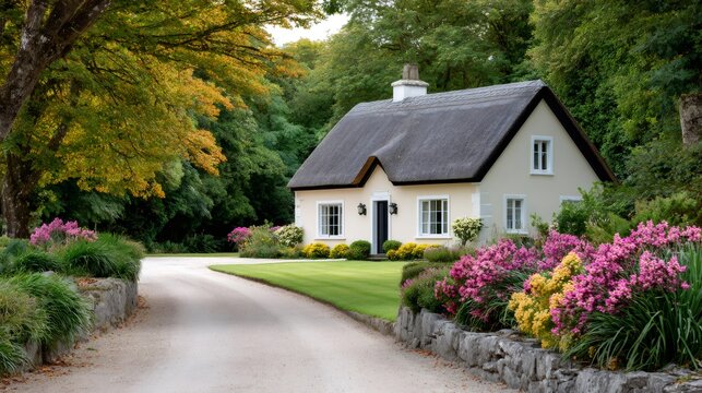 Traditional Irish thatched cottage with vibrant garden and driveway