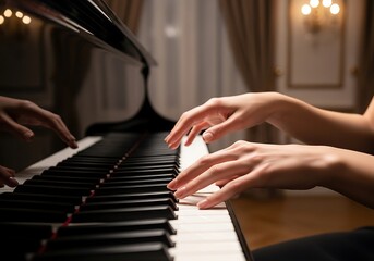 Fototapeta premium Elegant hands gently playing a glossy grand piano melody in warm light