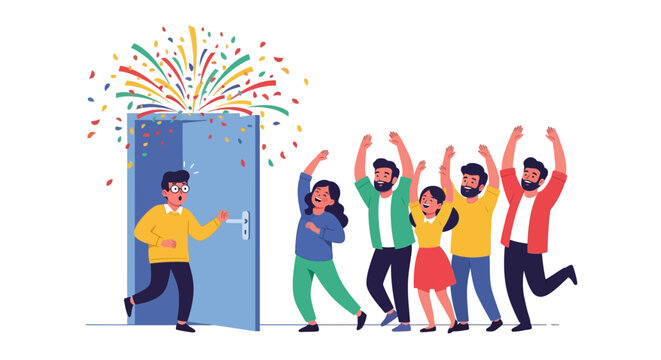 Illustration of a group of people celebrating April Fools' Day with a prank, surrounded by colorful confetti and fireworks on a white background, conveying a joyful and playful mood.