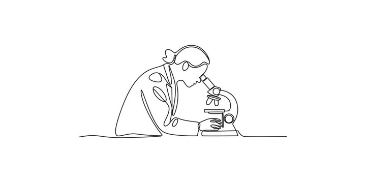 Continuous line drawing of a scientist working with a microscope in a lab laboratory research