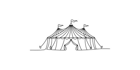 A line drawing of a classic big top circus tent with flags flying illustration cirque © Line Art
