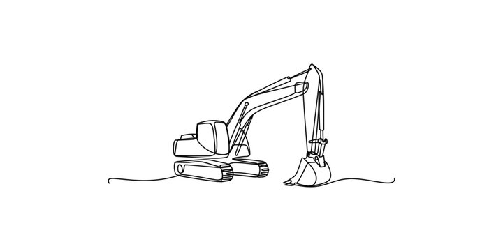 Continuous line drawing of excavator digging machine with bucket construction heavy equipment engineering vehicle dig