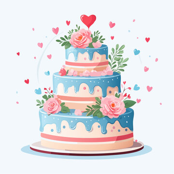 Pastel de bodas de tres niveles decorado con rosas rosadas, glaseado azul y corazones rojos sobre un fondo blanco limpio y elegante.