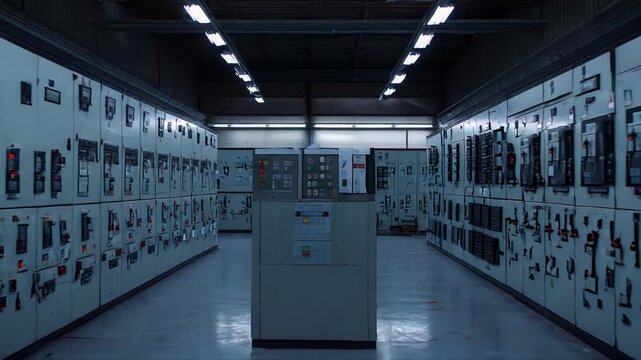 Control room featuring rows of electrical switchgear panels and distribution boards, managing power supply and machinery operations within an industrial or factory setting