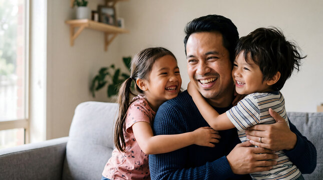 Happy Southeast Asian father laughing while being hugged by his two young children on a sofa at home, candid family bonding moment.