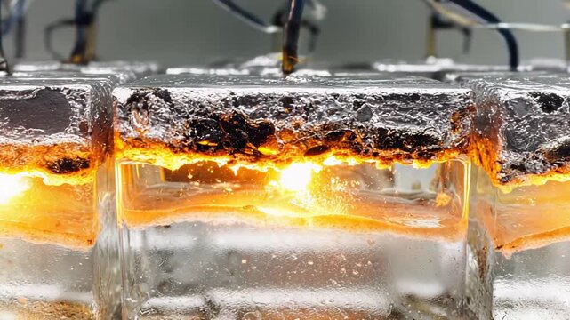 Molten metal igniting a chemical reaction and creating a glowing, energetic display within transparent liquid cubes on a laboratory workbench, highlighting scientific research and experimentation