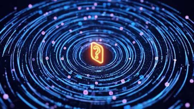 Glowing orange question mark icon in a digital data vortex for AI customer support and FAQ systems