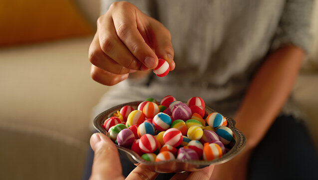 Colorful candy, sweet treats, jelly beans, person holding bowl, snack time