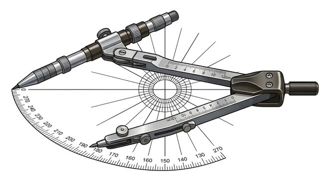 Metal compass with protractor for measuring angles and drawing circles isolated on white background.