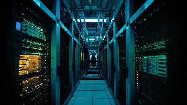 Server room aisle with rows of rack mounted servers and glowing fiber optic cables, powering global cloud infrastructure, data processing, storage and high speed network connectivity