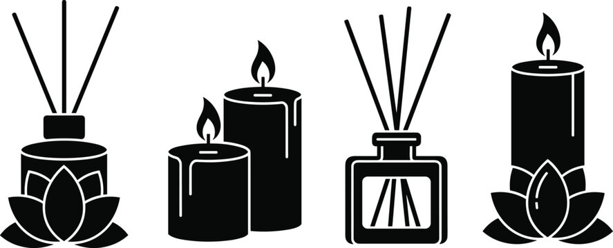 Minimalist Vector Icon Set for Aromatherapy and Wellness Featuring Scented Candles Reed Diffusers and Lotus Flower Symbols for Spa Branding
