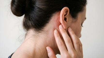 Fototapeta premium A woman experiencing discomfort or pain in her ear and neck area, possibly due to an allergic reaction or inflammation.